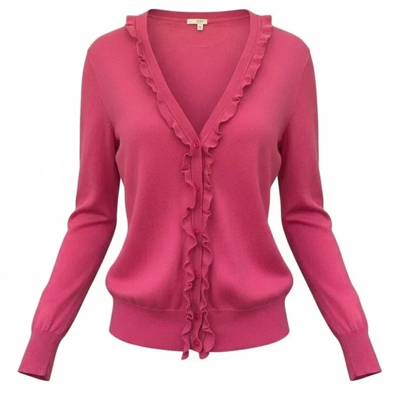 J. Crew Pink Ruffle-Trim V-Neck Cardigan Sweater Women’s M - Picture 1 of 8